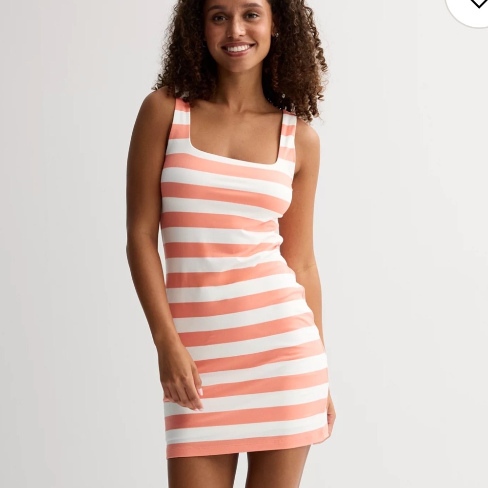 SO Mini Dress Square Neck Tank Coral Orange and White Striped Fitted Medium